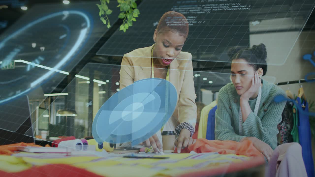 AR interface materializing, designer smoothing fabric and assistant aligning patterns for approval