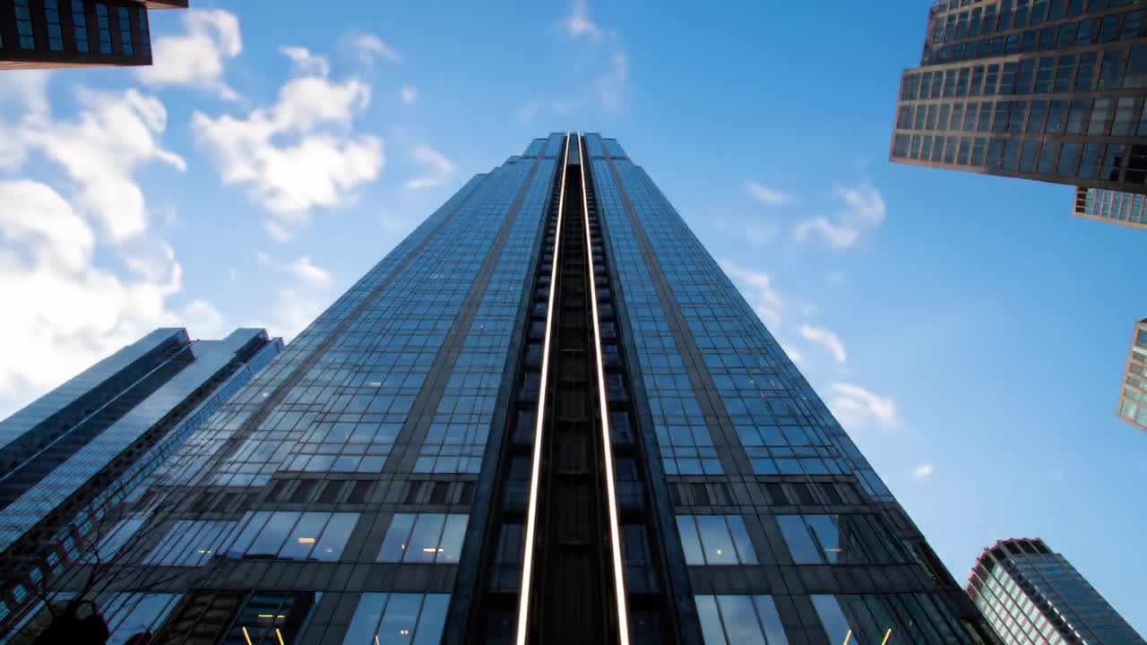 Looking up at a modern skyscraper, its glass facade reflecting the blue sky and clouds. Surrounding buildings contribute to the bustling city vibe, highlighting urban architecture.
