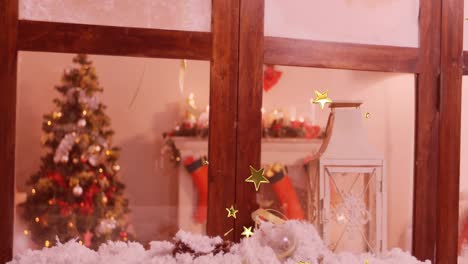 Animation-of-glowing-stars-falling-over-christmas-tree-seen-through-window