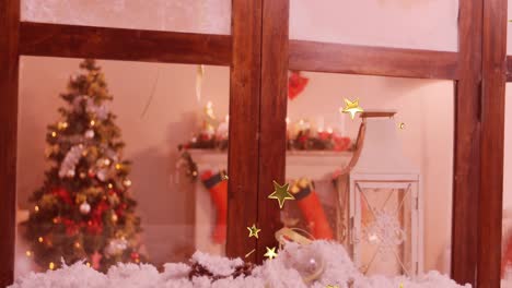 animation of glowing stars falling over christmas tree seen through window