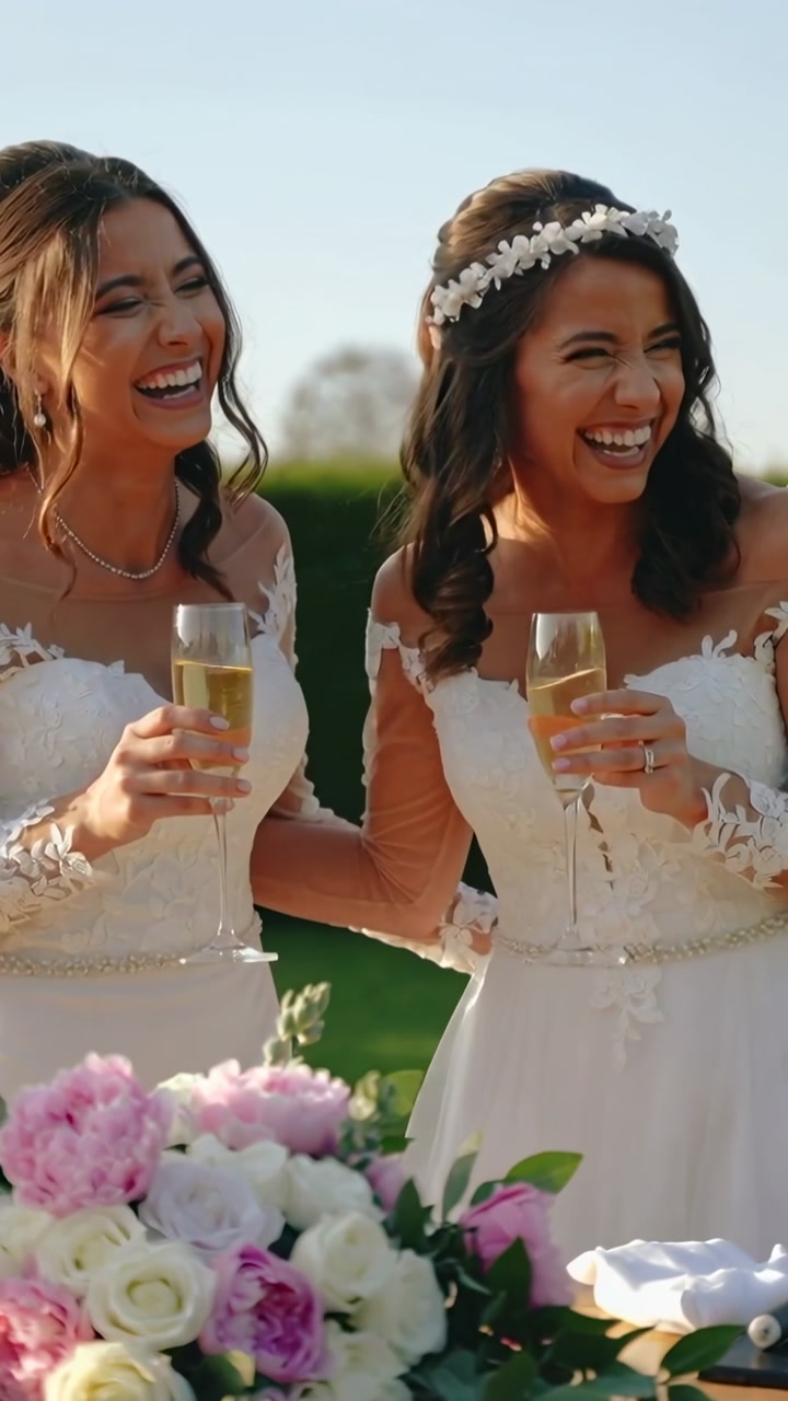 Vertical video: Leaning, brides in lace gowns responding to host's toast at garden, raising flutes