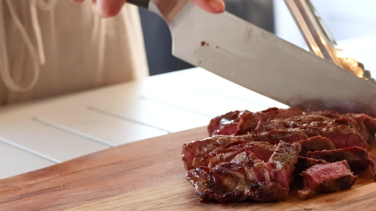 A person slices beef steak on a wooden board in a bright kitchen. Natural lighting enhances the fresh, culinary atmosphere