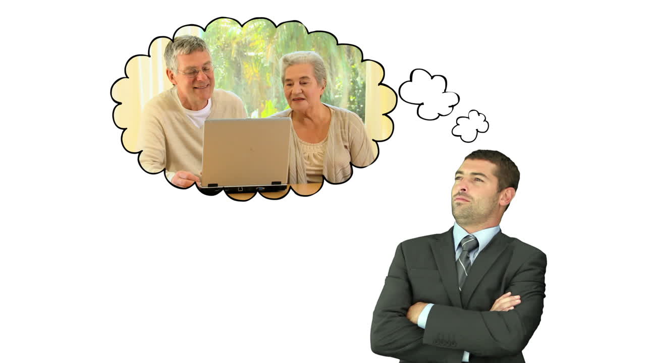 사업가가 부모님을 생각하고 있습니다.