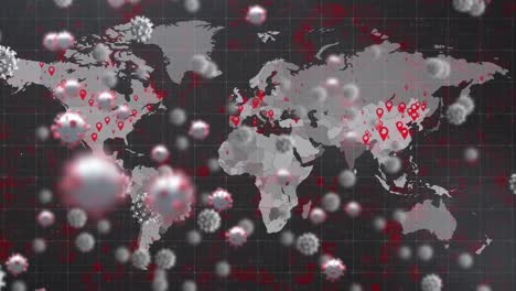 Animation-of-virus-cells-over-world-map-on-black-backrgound