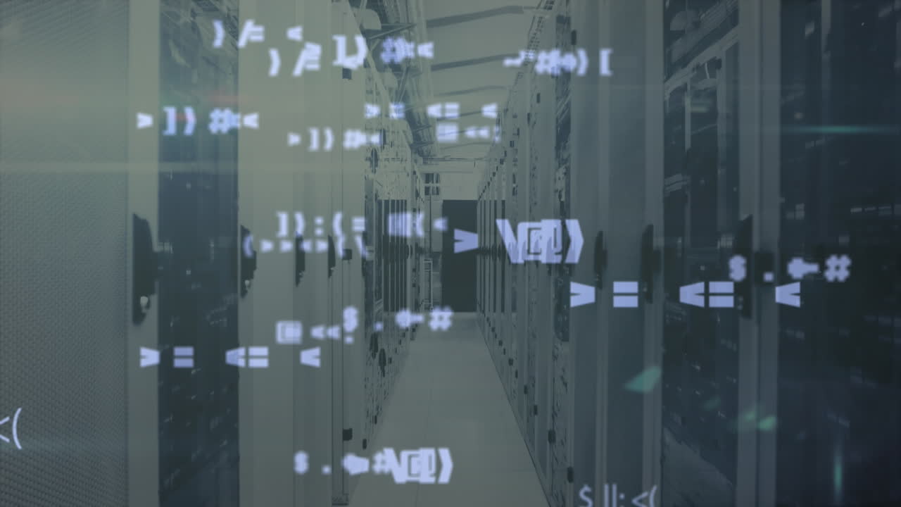 컴퓨터 서버 방에 대한 변화하는 기호와 빛의 스의 애니메이션