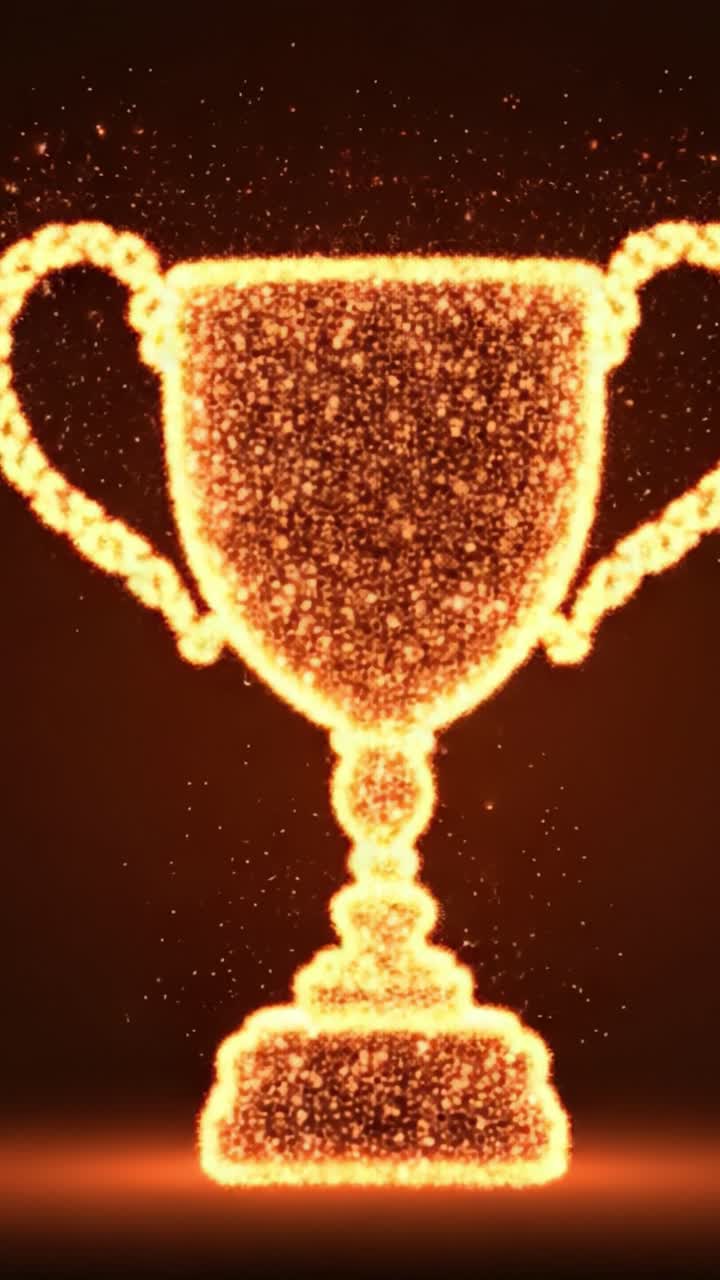 Trofeo scintillante fatto di particelle luccicanti che celebra la vittoria e il successo in una coinvolgente rappresentazione visiva di creatività ed eccellenza.