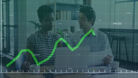 animation of line graph and changing numbers moving over diverse colleagues discussing over laptop