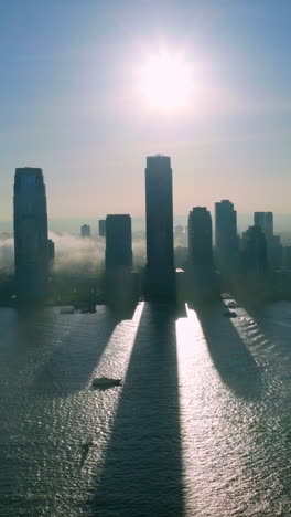manhattan island silhouette in the sunlight coming from behind. thick fog coming from the river to the city area. vertical video