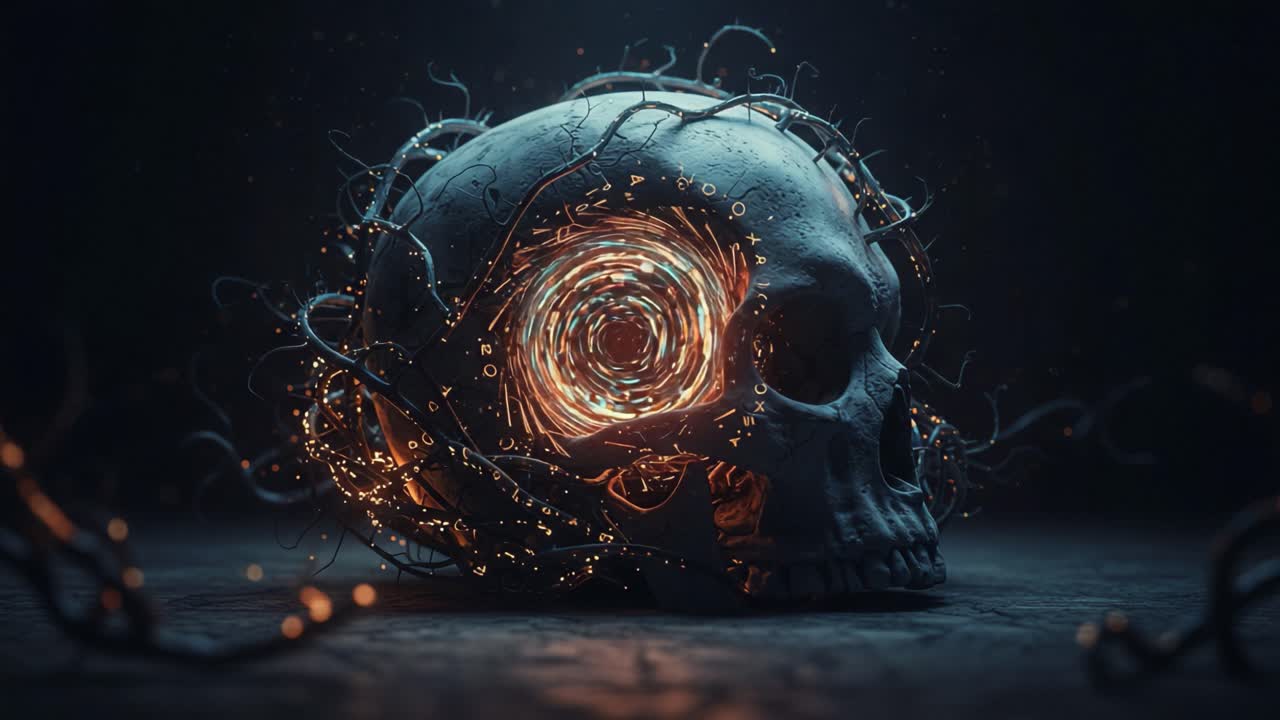 A Mystical Enhanced Skull Surrounded by Glowing Vines, Merging Nature and the Supernatural in an Enigmatic Display of Light and Shadow
