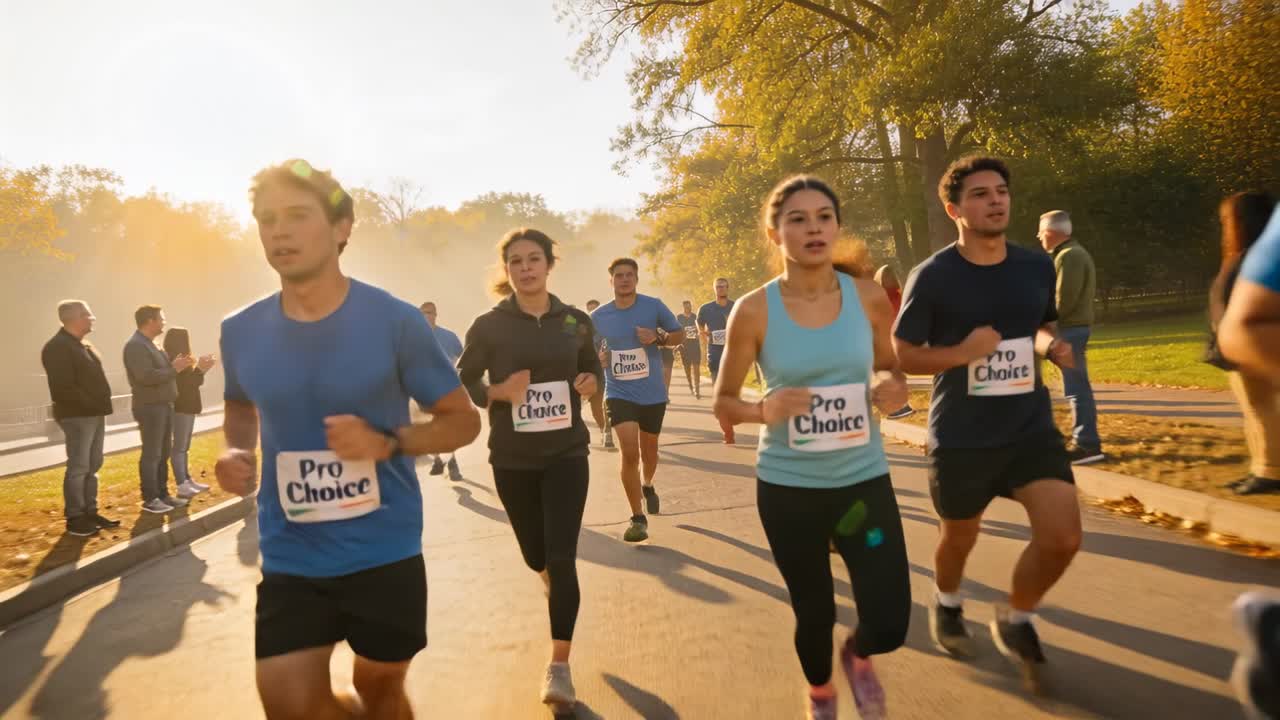 Gruppo di testa in corsa che indossa pettorine Pro Choice, con scarpe da corsa che mantengono il passo nel parco, mentre gli spettatori applaudono.
