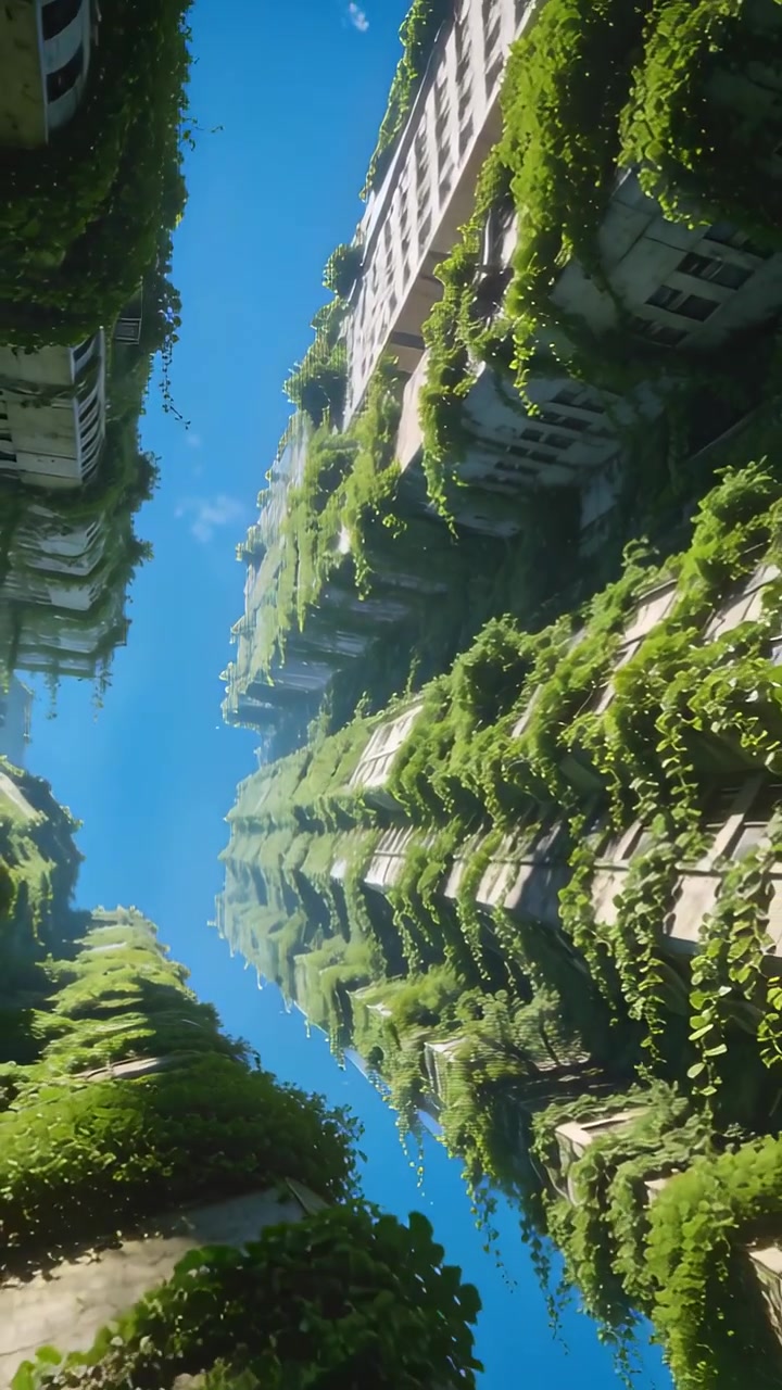 Video verticale: Telecamera che si inclina mostrando due facciate ricoperte di viti con sporgenze dalla strada, che mostrano un cielo stretto.
