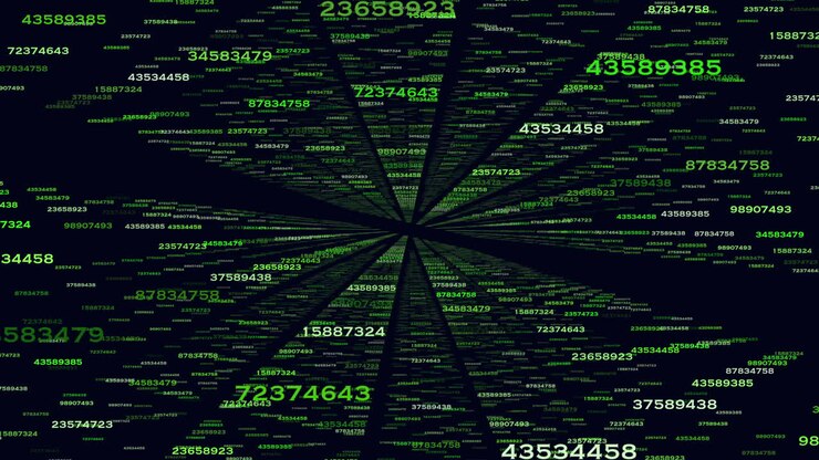 Et spændende billede med et spiralmønster dannet af grønne tal, arrangeret på en tilsyneladende tilfældig, men alligevel sammenhængende måde, der flyder fra bunden til toppen af displayet