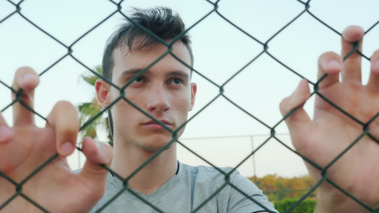 retrato de un adolescente triste mirando a través de la cuadrícula