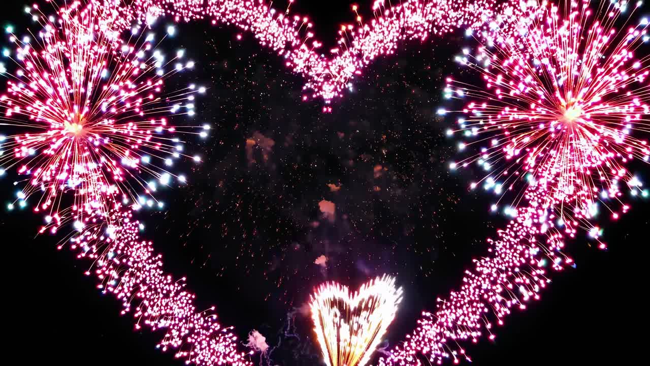Aerial video captures heart-shaped fireworks exploding against a dark sky, creating a vibrant
