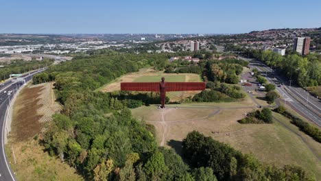 drone aerial view of the angel of the north sculpture in gateshead, north east england