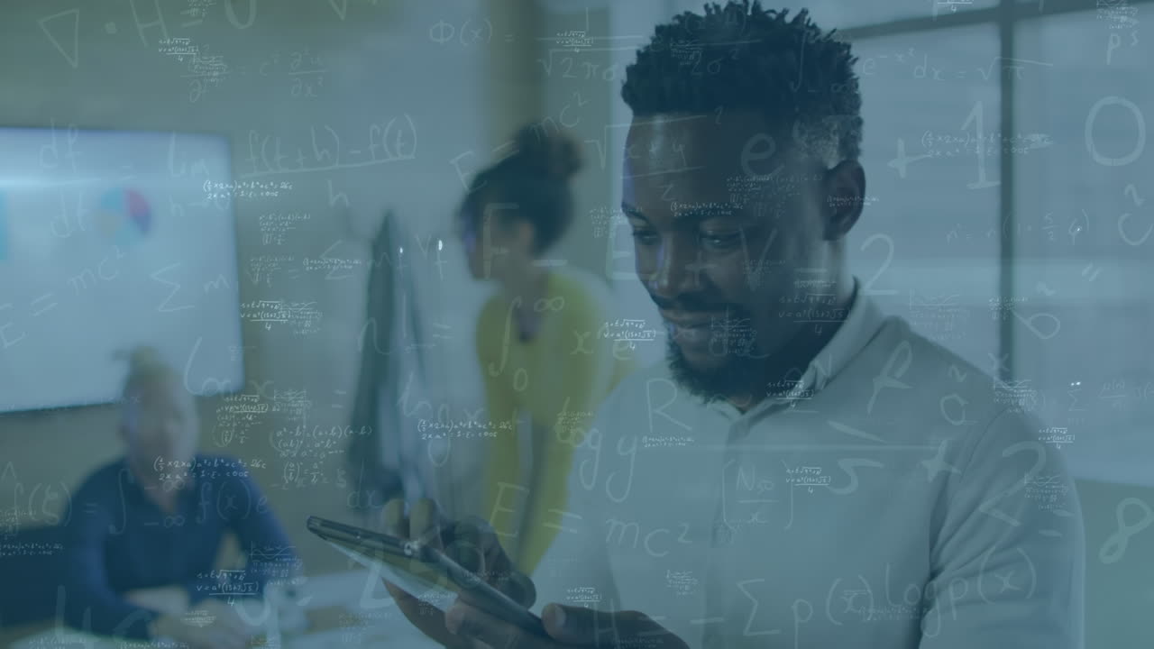 Animation of mathematical equations over diverse business people in office