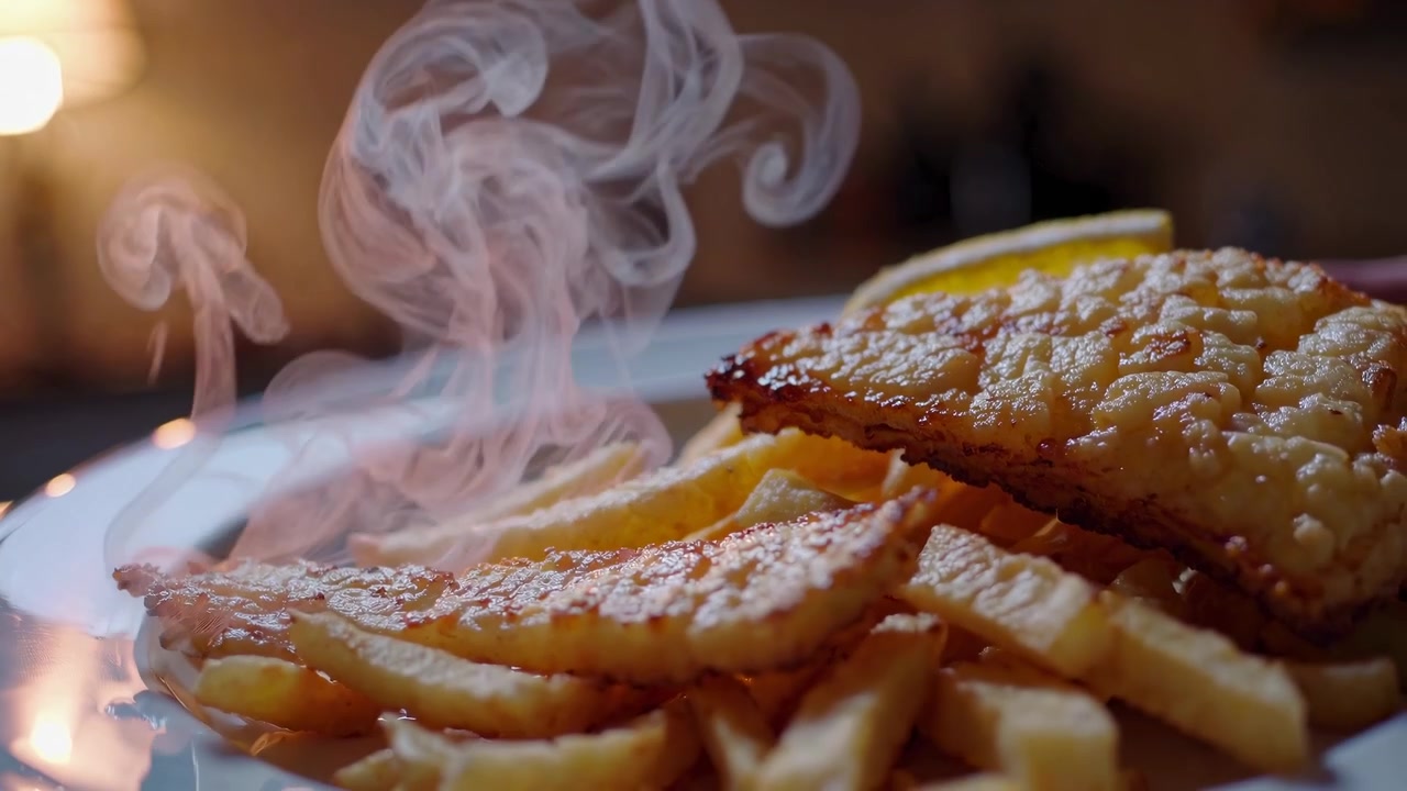 Dampende varm fish and chips på en hvid tallerken