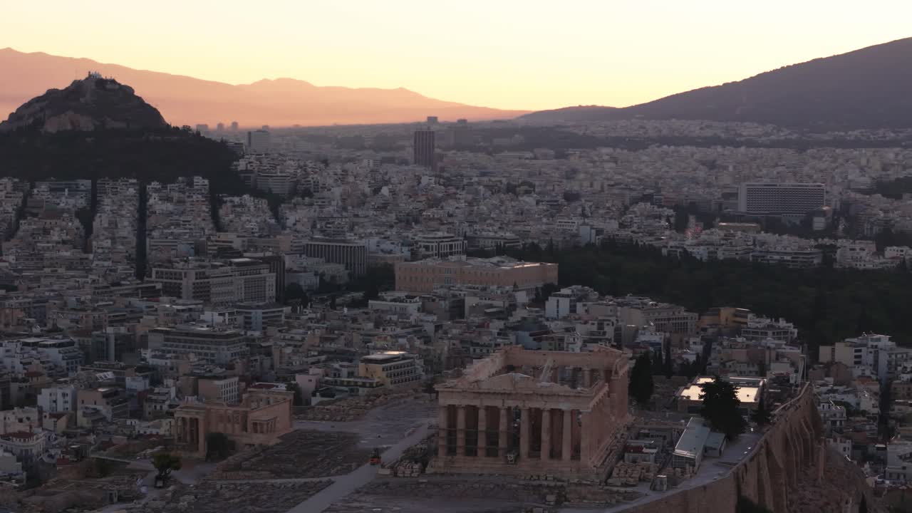 Acropolis in foreground, Lycabettus Hill in background, Athens Greece