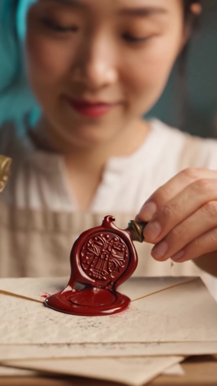 Tecnica artigianale della ceralacca: un artigiano scioglie con cura la cera rossa per creare un sigillo elegante su carta fatta a mano, per un tocco personale e senza tempo.
