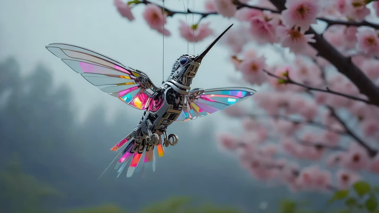 Mechanical Hummingbird with Cherry Blossoms