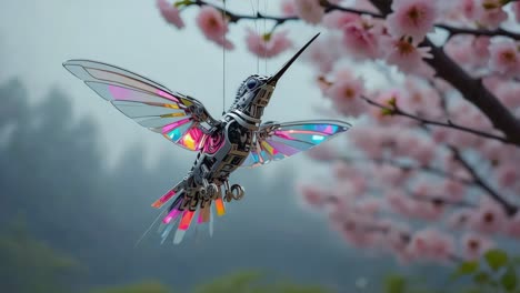 mechanical hummingbird with cherry blossoms