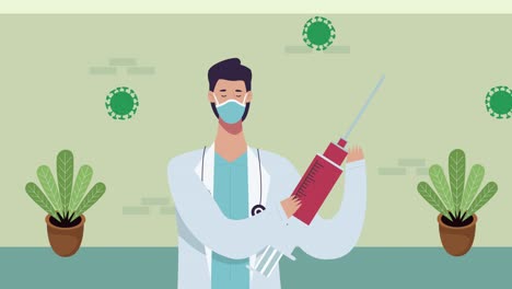 professional doctor with vaccine and covid19 particles