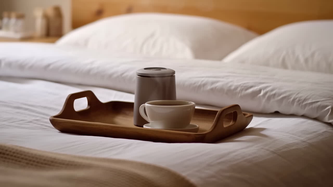 Morning Coffee and Thermos on a Wooden Tray in Bed