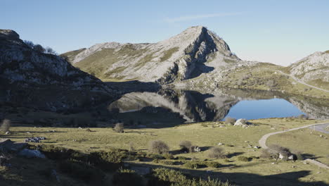 stunning landscape in asturias spain travel destination enol lake viewpoint sunny day of summer