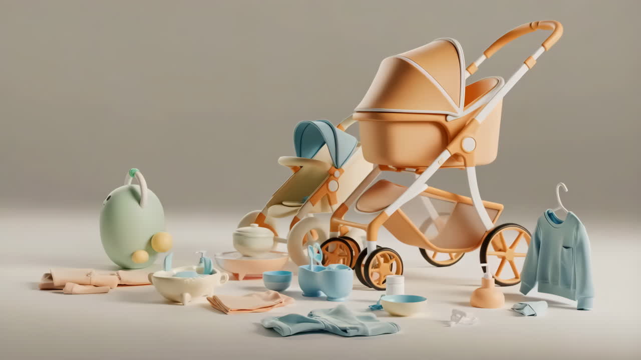 A modern collection of baby essential products, including strollers, feeding items, and clothing