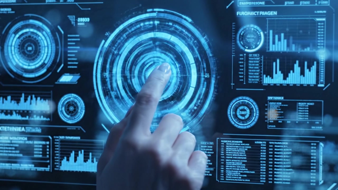 Exploring Advanced Control Systems: A Close-Up of a Finger Interacting with a High-Tech Digital Interface in a Futuristic Cockpit Environment