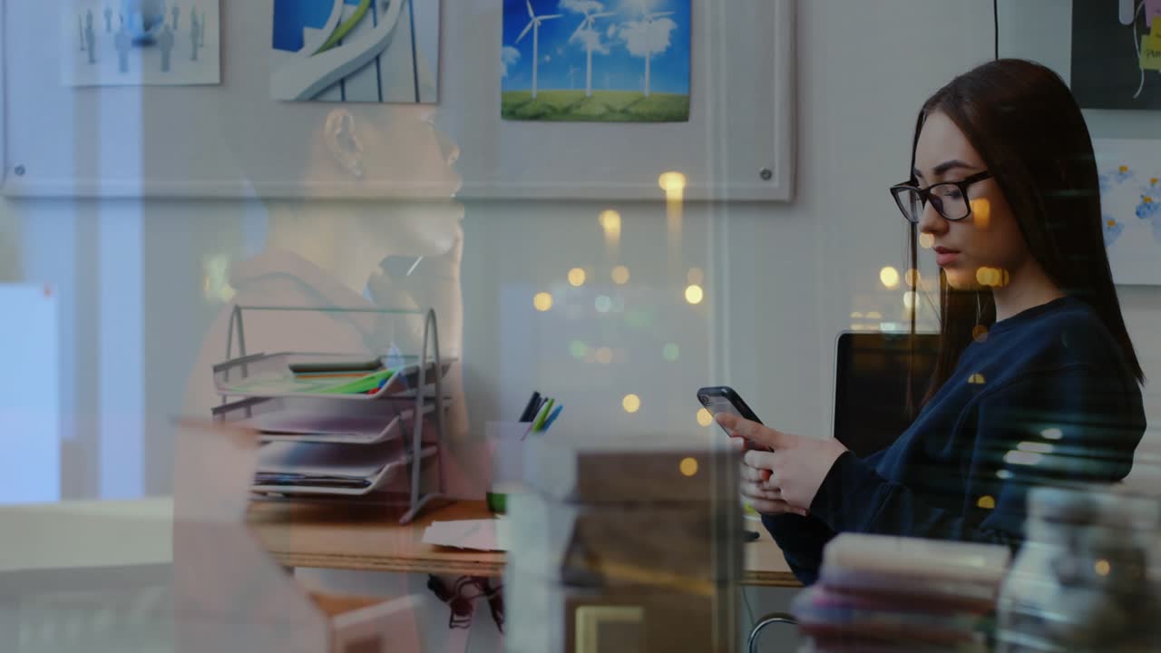 Animation af globalt netværk, der behandler data, over forretningsfolk på kontor.