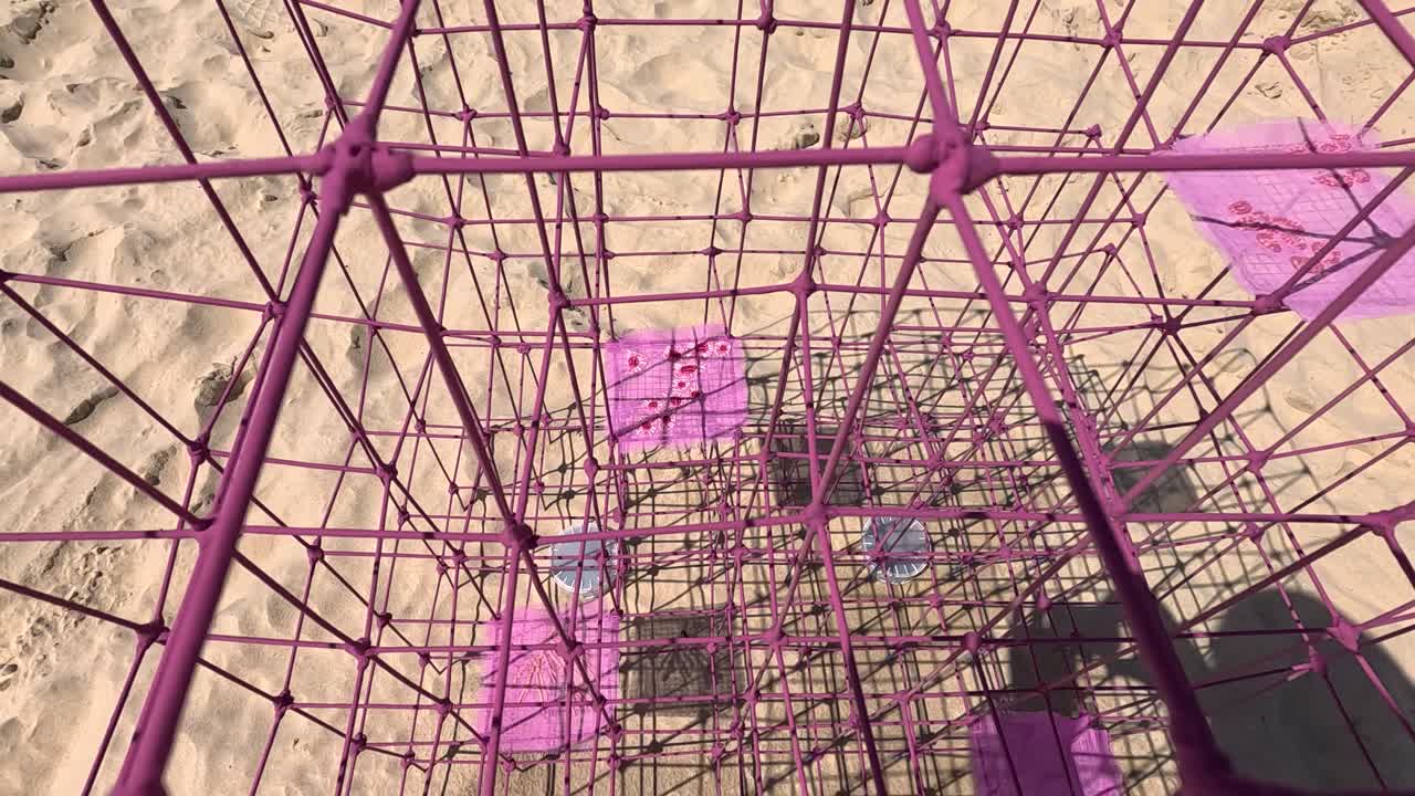 instalación de arte con estructuras geométricas en la arena