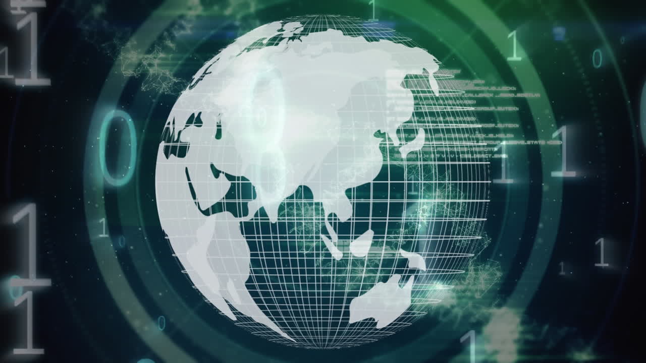 Spinning globe surrounded by binary code and DNA helix