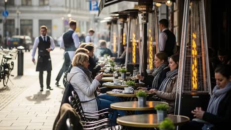 a bustling café scene with patrons enjoying warm beverages and heaters amidst a vibrant street atmosphere