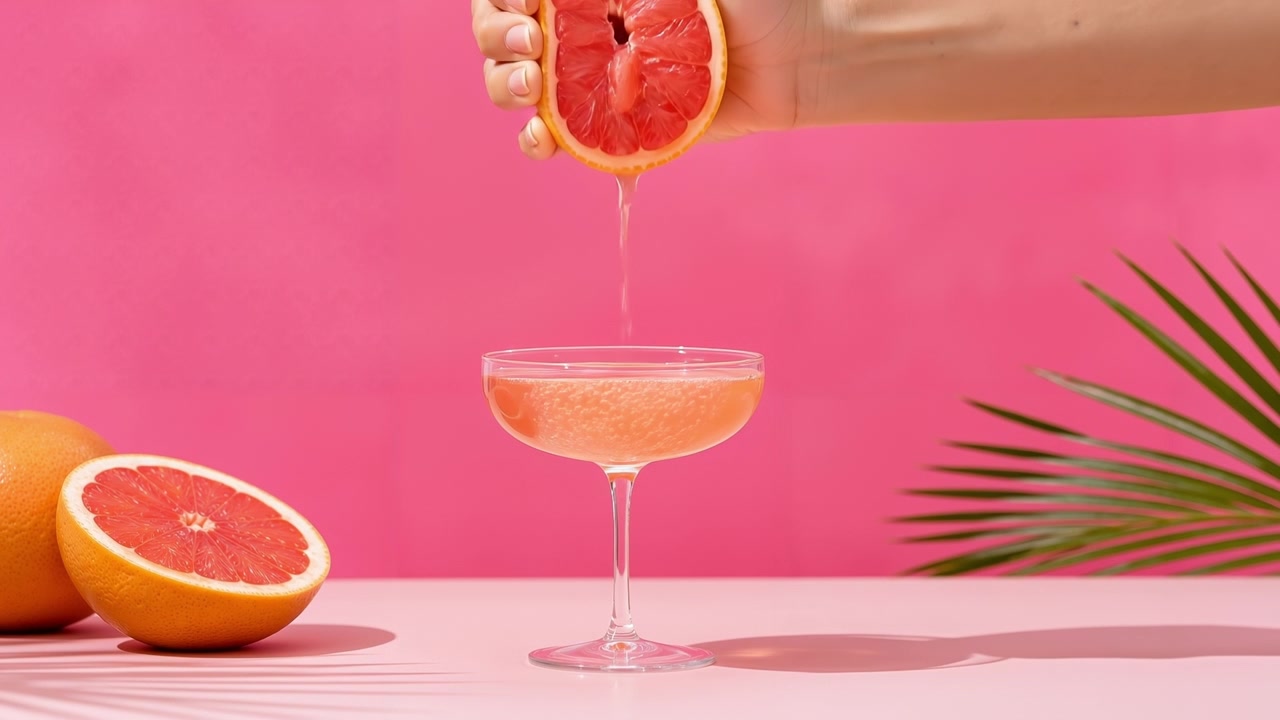 Mano che sprema succo di pompelmo fresco in un bicchiere da cocktail su uno sfondo rosa