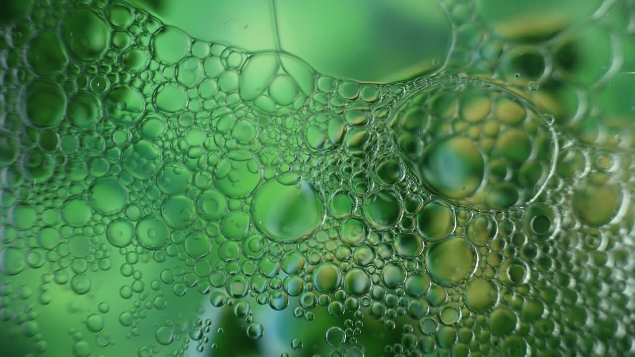 흐릿한 배경에서 물 위에 떠다니는 기름 방울