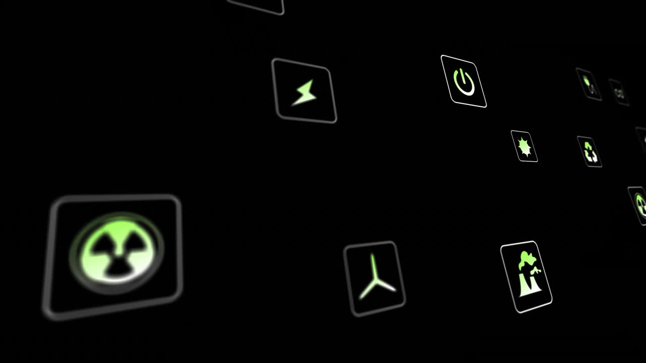 animación de los iconos eco procesamiento de datos sobre las luces de la ciudad fuera de enfoque