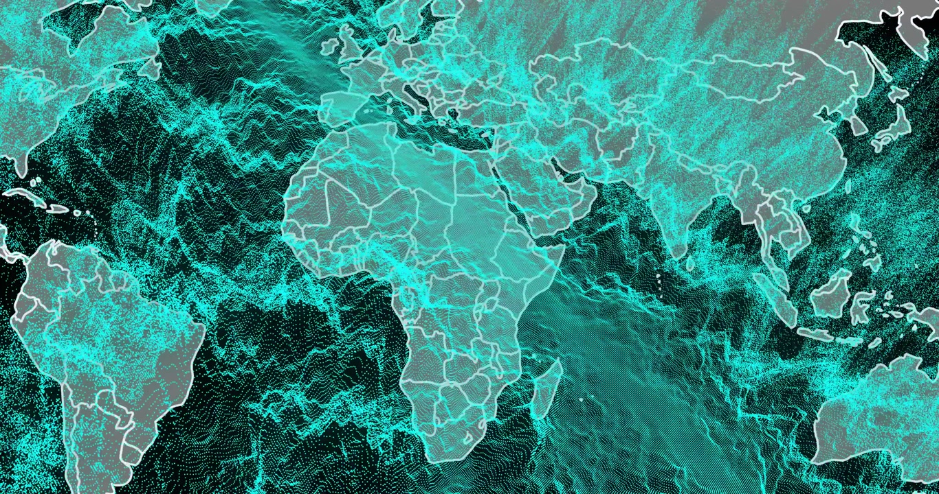 Initiating turquoise data swirl forming waves outlining continent borders and connecting world map