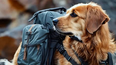 a dog with a backpack standing on a rocky beach