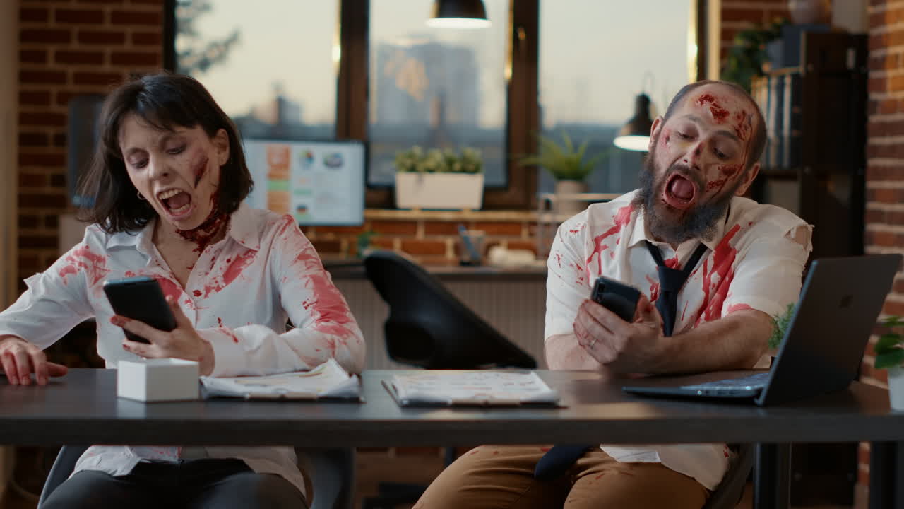 Brainless stupid office zombies sitting at desk while using smartphone devices