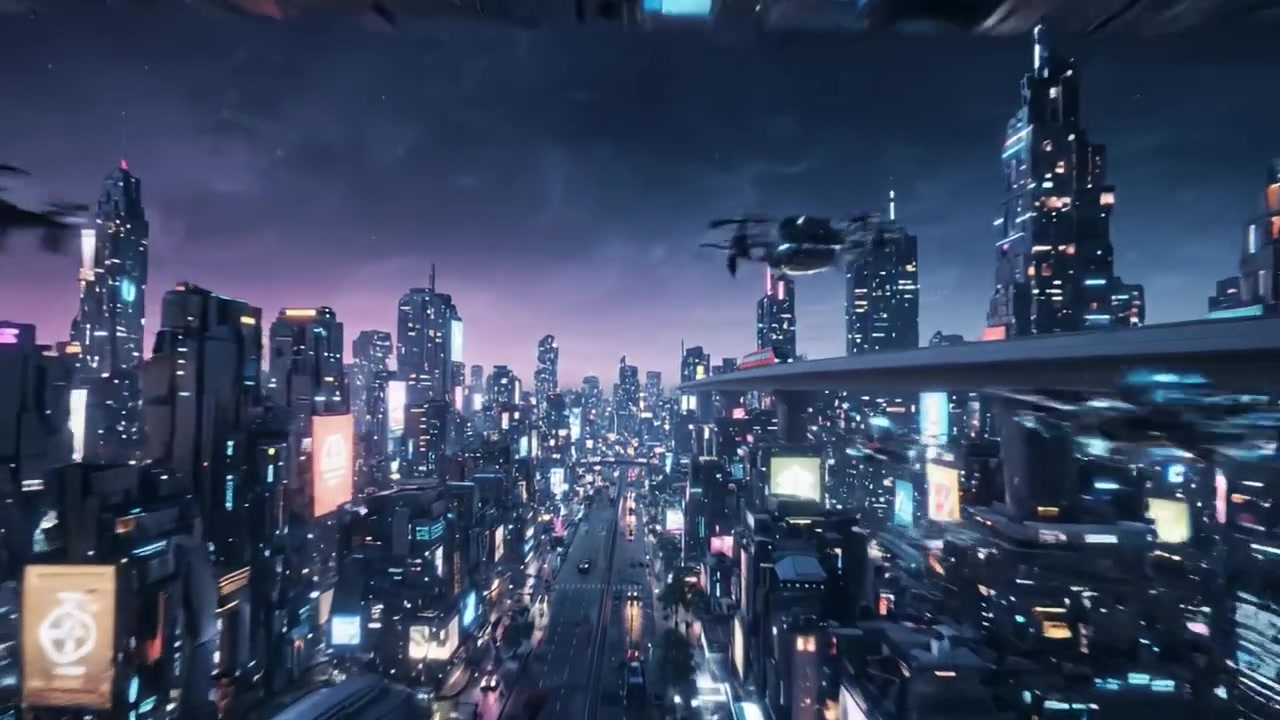 Uno Splendido Paesaggio Notturno di una Città Futuristica con Cartelloni Pubblicitari Vivaci e Trasporti Sopraelevati, che Mostra l'Energia Dinamica della Vita Urbana in un Futuro Distopico