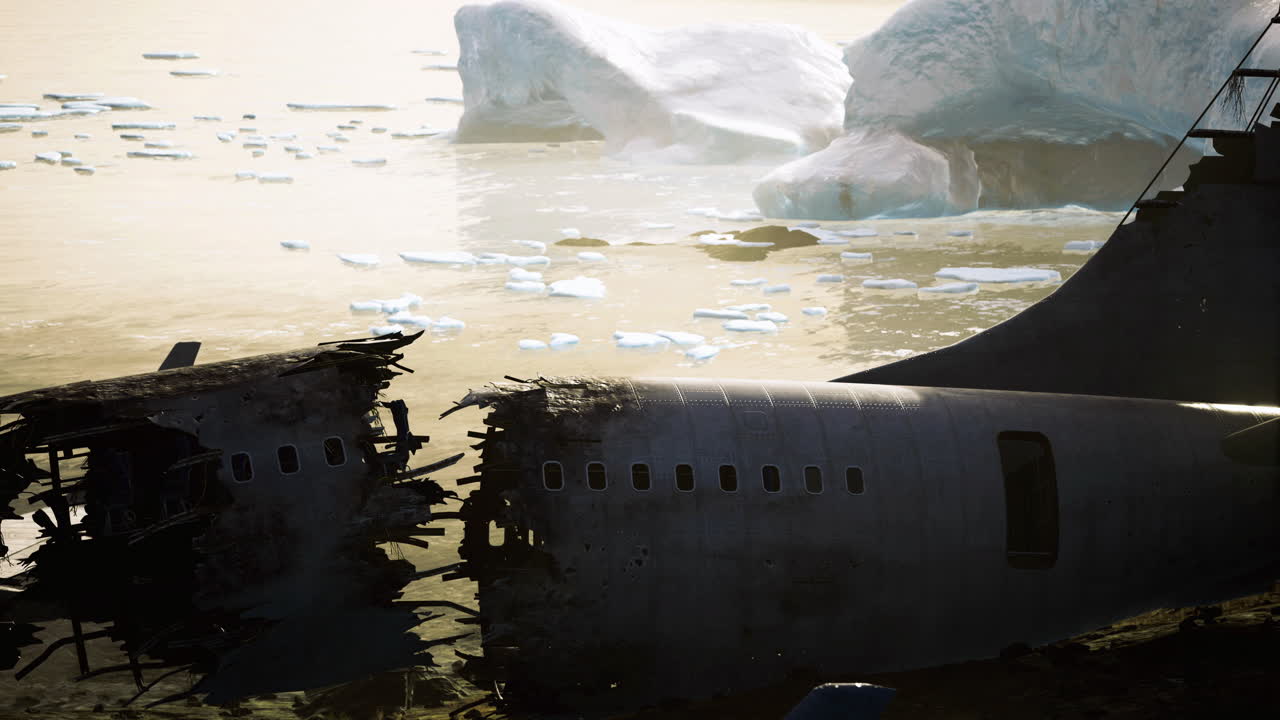 Forladt flyvrag på en iskold kyst ved solnedgang nær en gletsjer