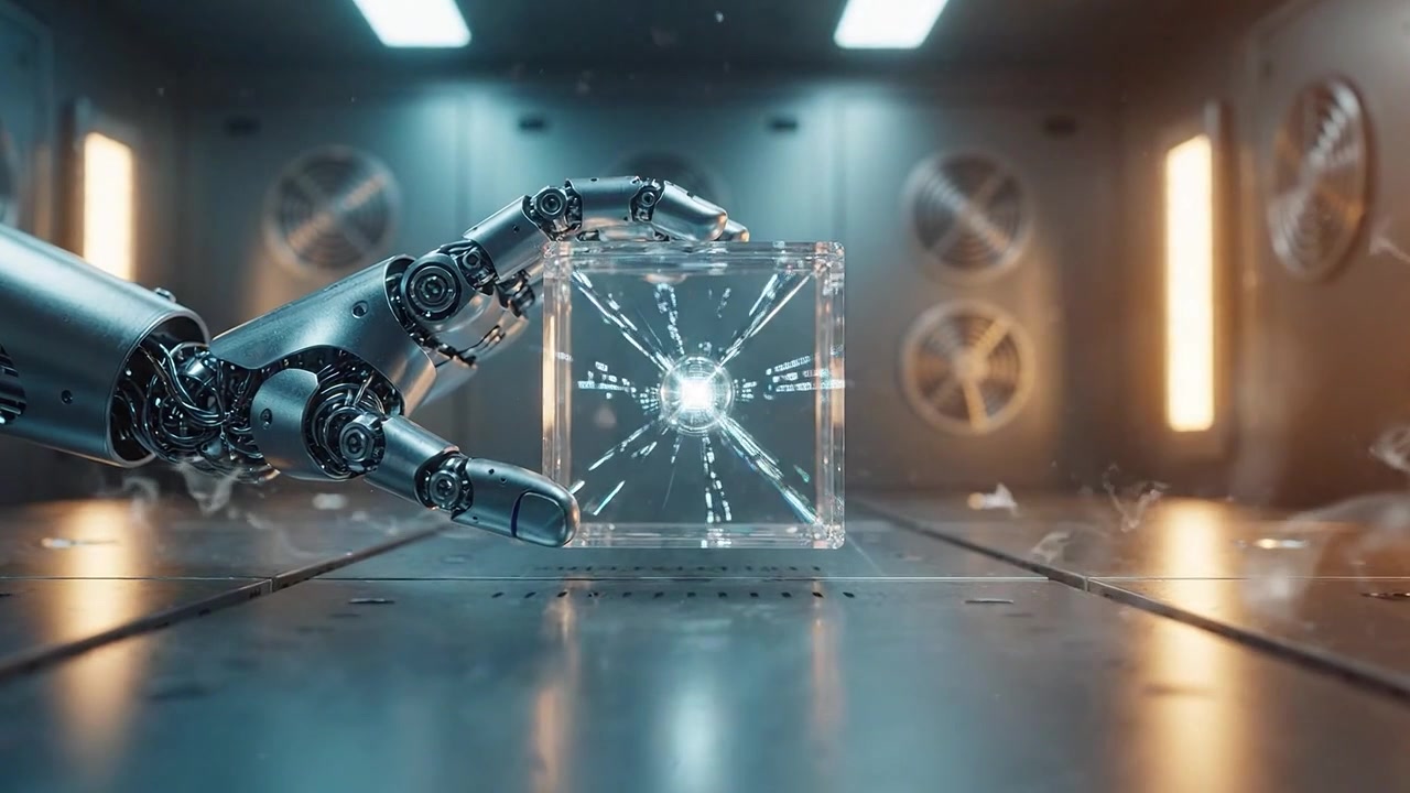 Karmaşık Bir Robot Eli, Fütüristik, Yüksek Teknolojili Bir Ortamda Parlayan, Şeffaf Bir Küp ile Nazikçe Etkileşime Giriyor; Odayı Parlak Enerji ve Yansımalarla Aydınlatıyor.