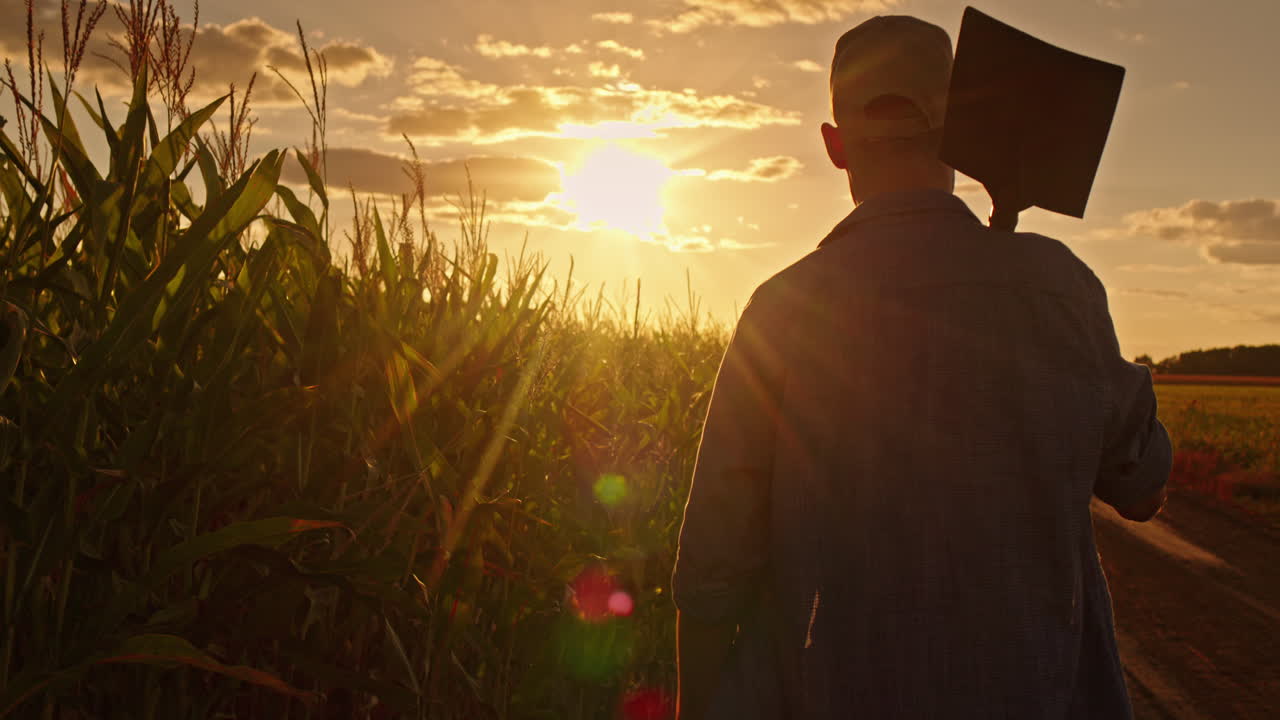 Farmer at Sunset in Cornfield