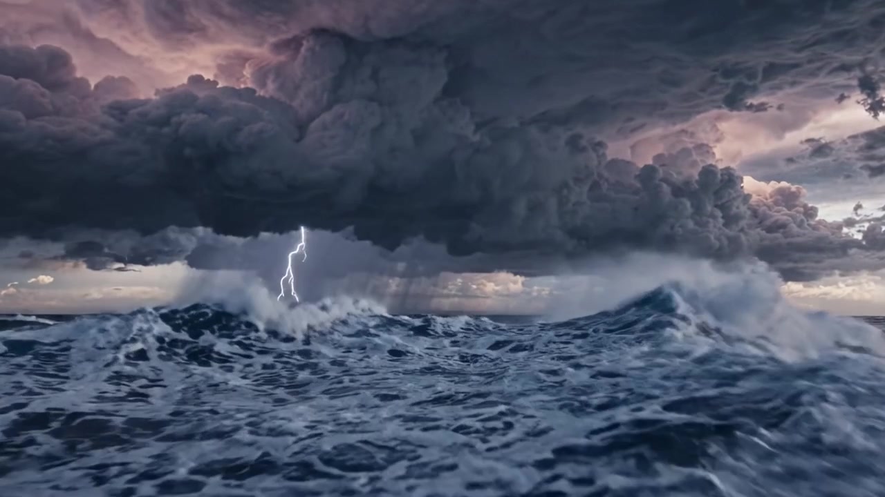 En fantastisk demonstrasjon av naturens kraft: Mørke tordenskyer samler seg over havet mens bølgene slår kraftig, og legger grunnlaget for en forestående storm med lyn som lyser opp himmelen