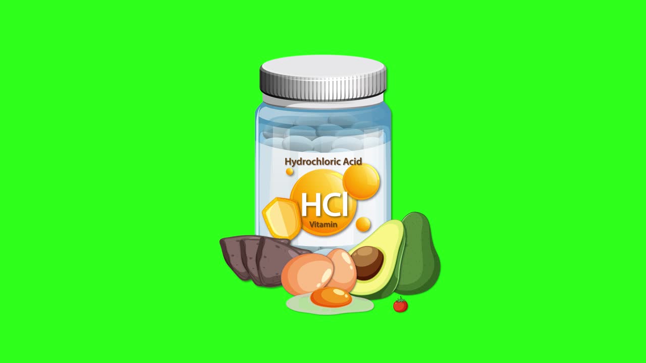 Vitamin bottle with hydrochloric acid tablets, healthy foods appear around it, green screen background