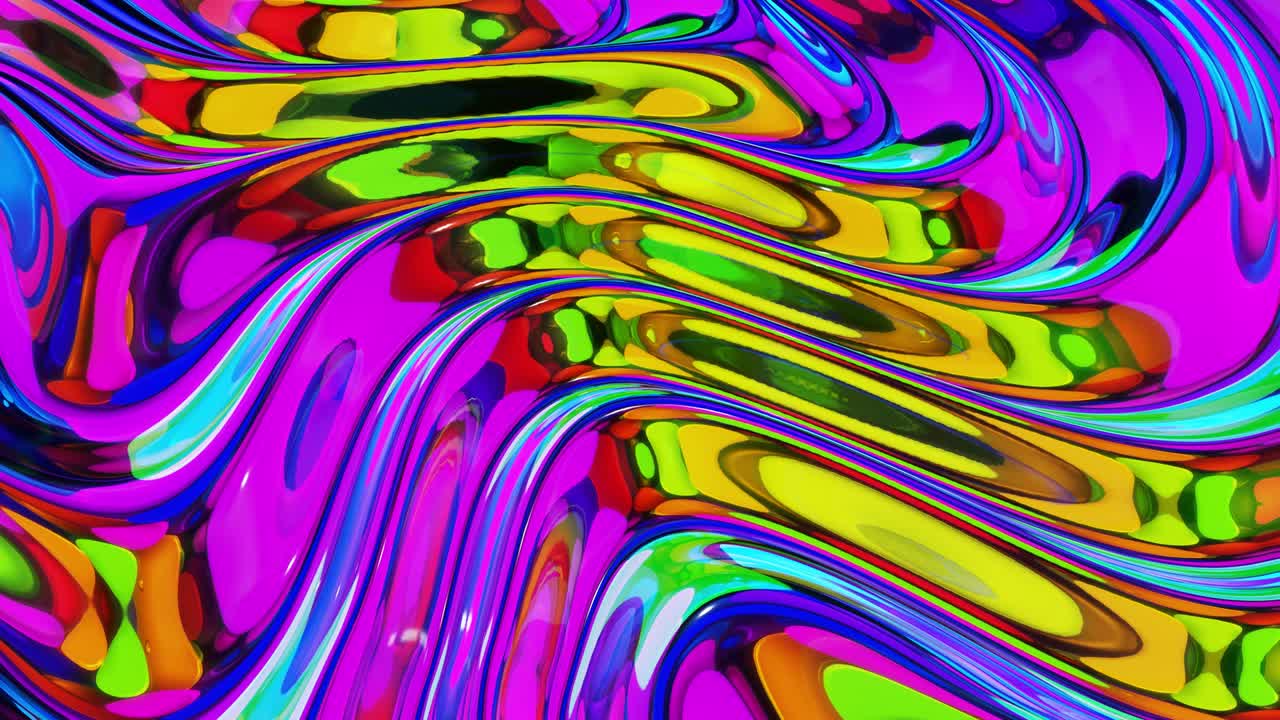 Liquid pattern like waves in looped motion. 3D stylish abstract iridescent bg of wavy surface like brilliant liquid glass with rainbow beautiful gradient colors. 4k trendy colorful fluid animation.