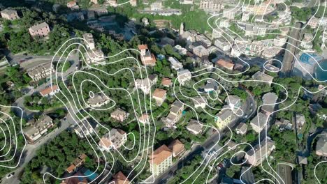 animación de líneas de contorno blancas que se mueven sobre edificios en una ciudad costera moderna