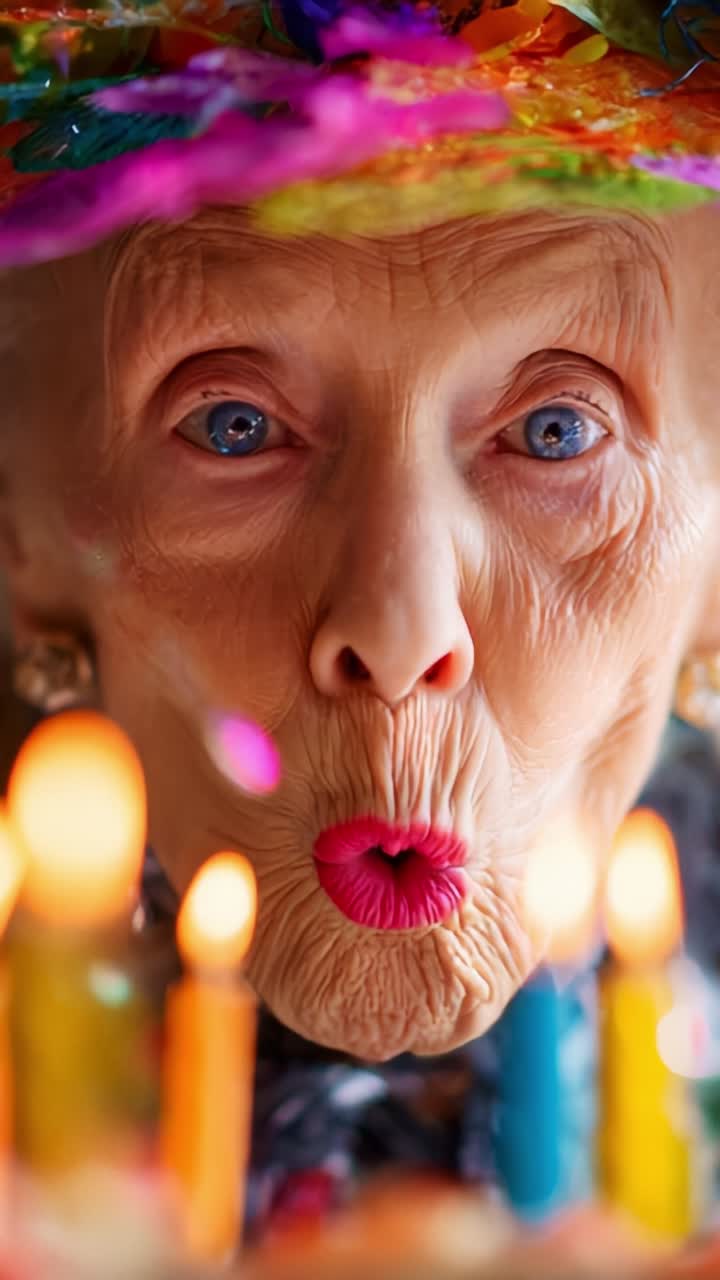 Elderly Woman Surrounded by Colorful Birthday Candles, Expressing Surprise with Wide Eyes and Pursed Lips, Capturing a Moment of Joy and Anticipation