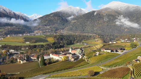 aerial drone over the vineyards in autumn in novacella, neustift south tyrol